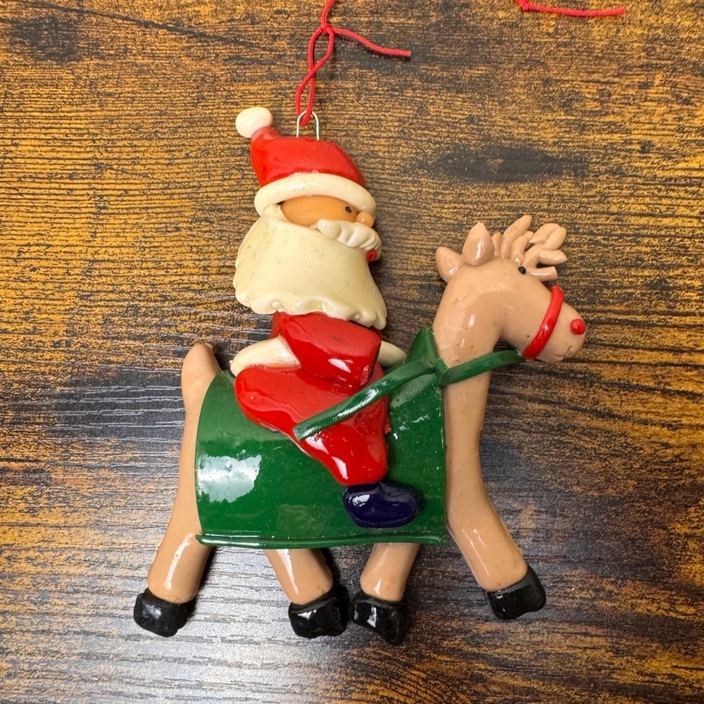 Vintage Clay Dough Santa Reindeer Christmas Ornament Handmade Folk Art Decor